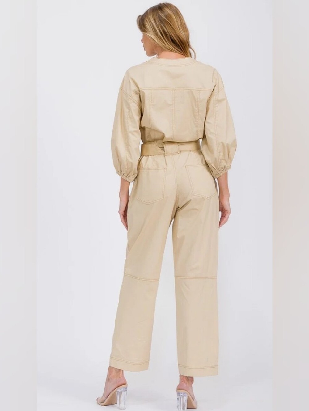 Strut & Bolt NWT Large Womens Beige Utility Belted Jumpsuit PTP 21 Inseam 29 - Picture 2 of 8